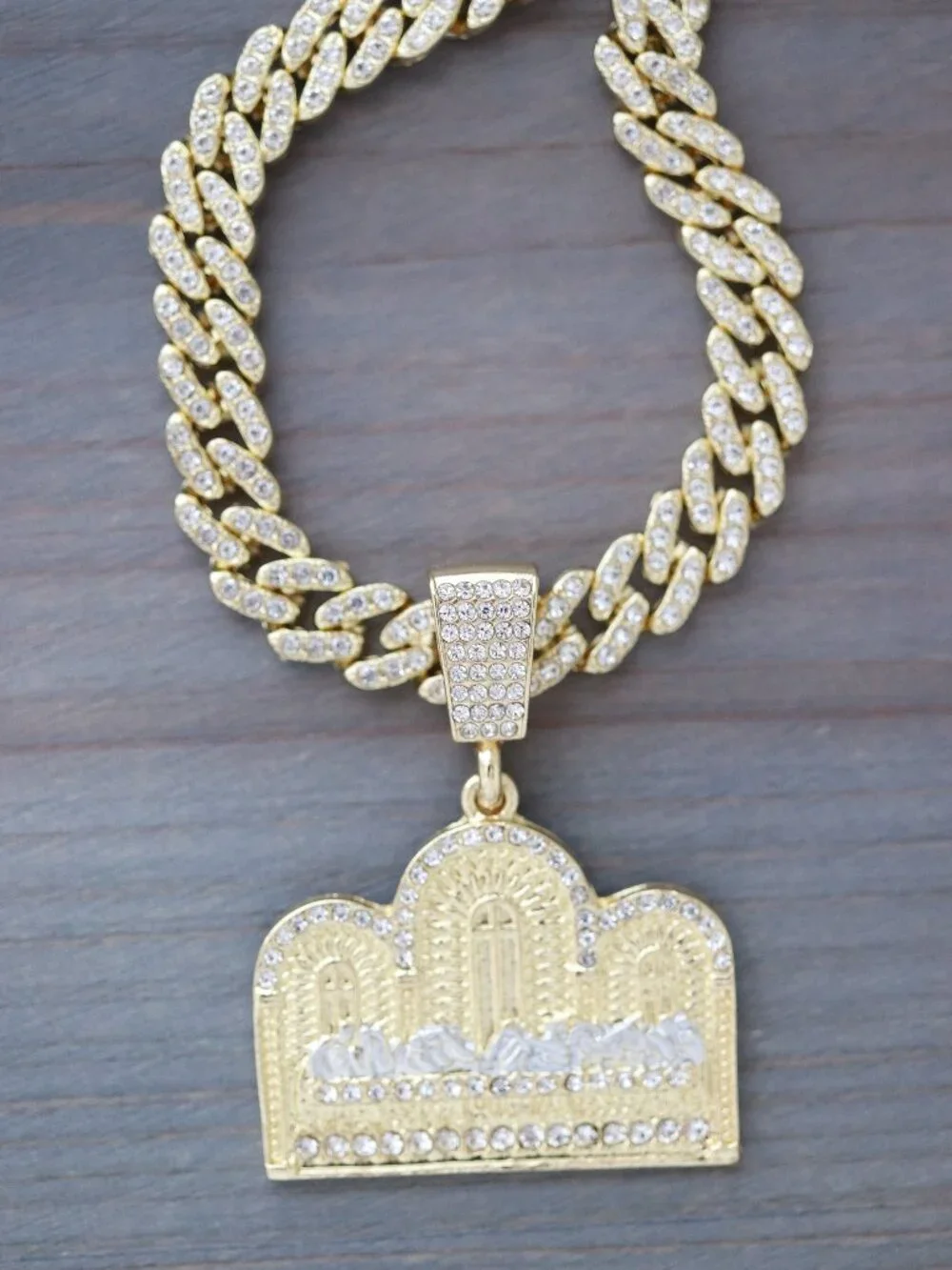 Last Supper Temple Design Pendant Iced Out Chain Necklace 18k Gold Plated